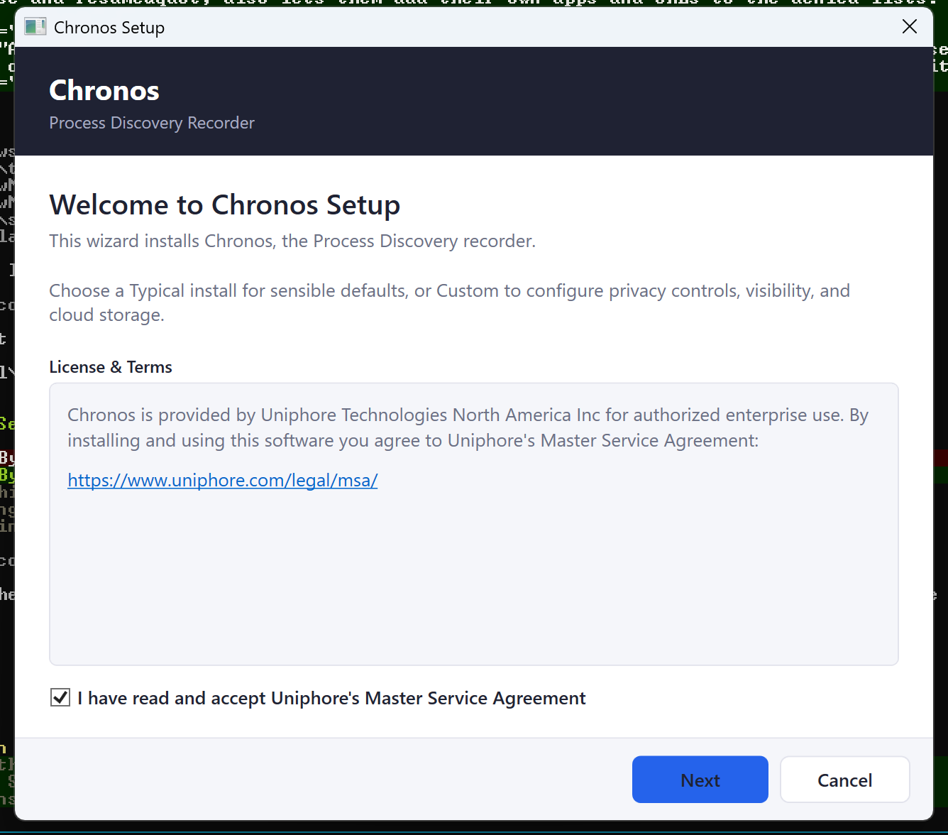 Chronos setup wizard on the Welcome page: a product summary, and a ticked checkbox reading "I have read and accept Uniphore's Master Service Agreement".
