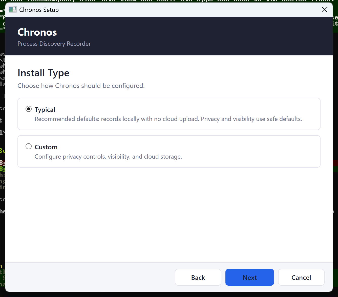 The Install Type page offering two radio buttons, Typical and Custom, with Typical selected.