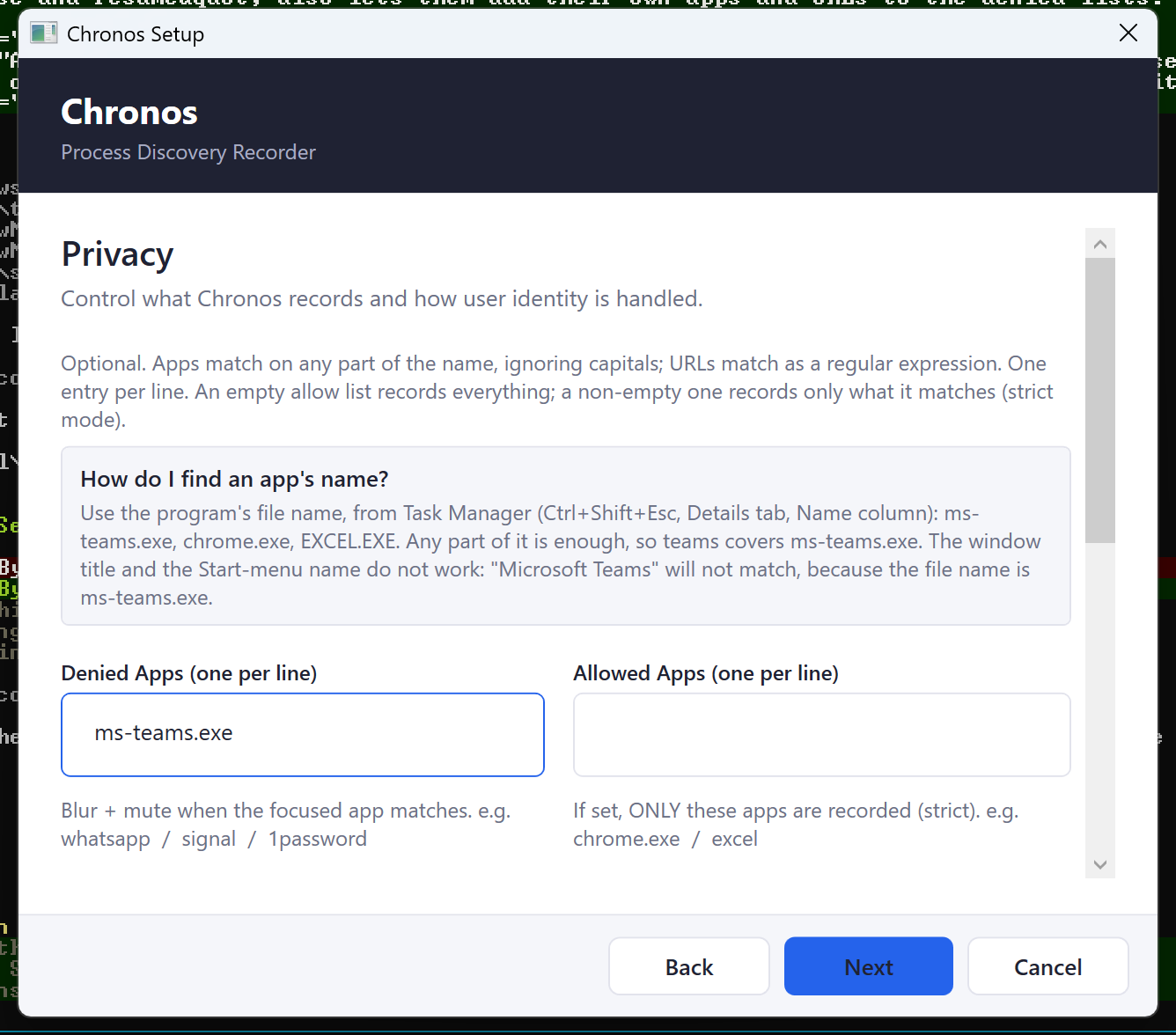 The top of the Privacy page, with ms-teams.exe typed into Denied Apps: the note that apps match on any part of the name while URLs are regular expressions, the "How do I find an app's name?" panel, and the deny and allow boxes for apps and URLs. Transcript export, user-ID anonymization and the observation period follow further down the page.