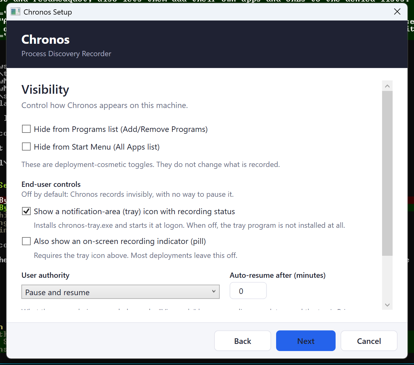 The top of the Visibility page: the two checkboxes that hide Chronos from the Programs list and the Start menu, then the end-user controls &mdash; a checkbox for the notification-area icon, ticked here, and below it a checkbox for the on-screen pill. Under those, sharing one row, a user-authority dropdown set to "Pause and resume" on the left and a narrow box for the auto-resume minutes on the right, holding its default of 0.
