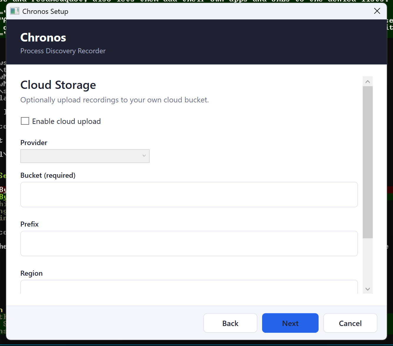 The top of the Cloud Storage page: "Enable cloud upload" left unticked, which greys out the provider, bucket, prefix, region and endpoint fields below it. The per-provider credential fields follow further down.