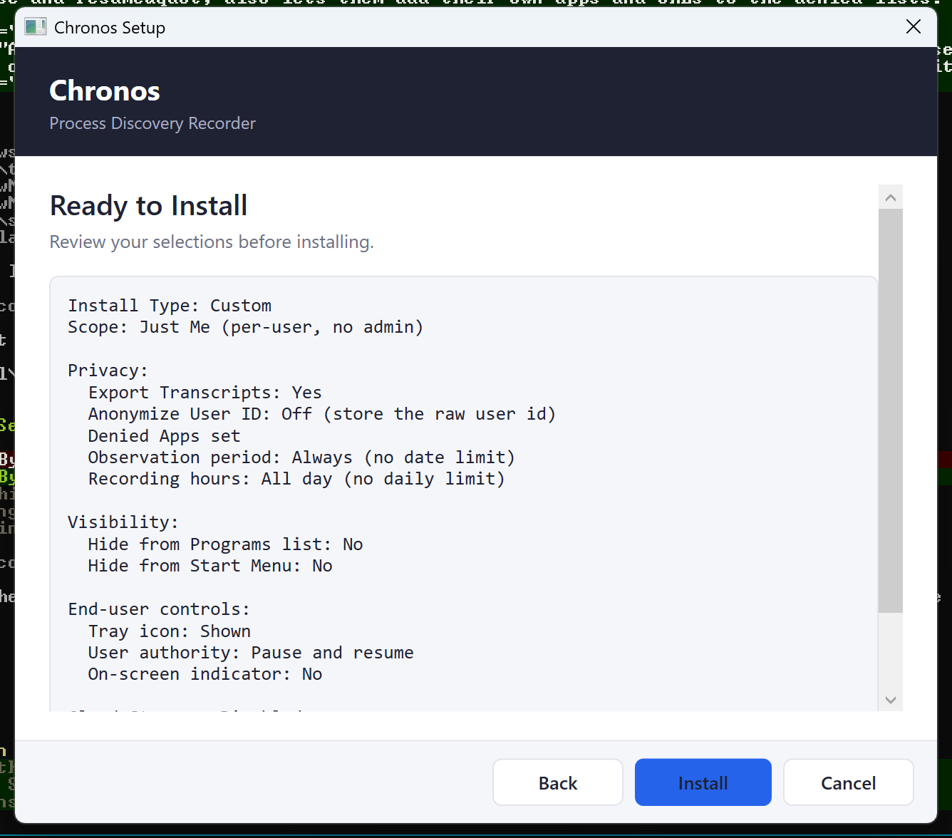The Ready to Install page, showing the start of a plain-text summary of the selections made on the previous pages. The summary scrolls when it runs longer than the window.