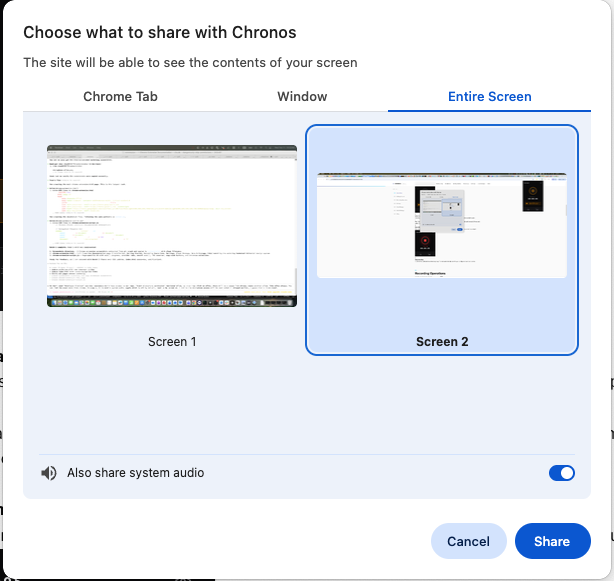 Chrome sharing dialog — Choose what to share with Chronos, with Also share system audio toggle